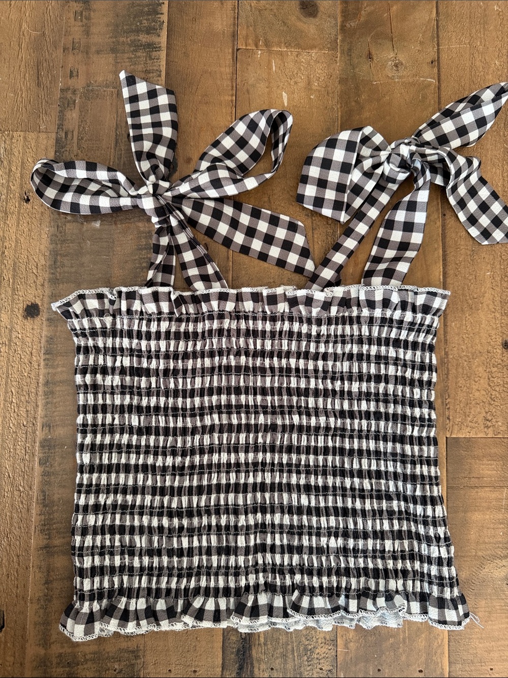Amazon Black and White Gingham Smocked Tie-Shoulder Camisole